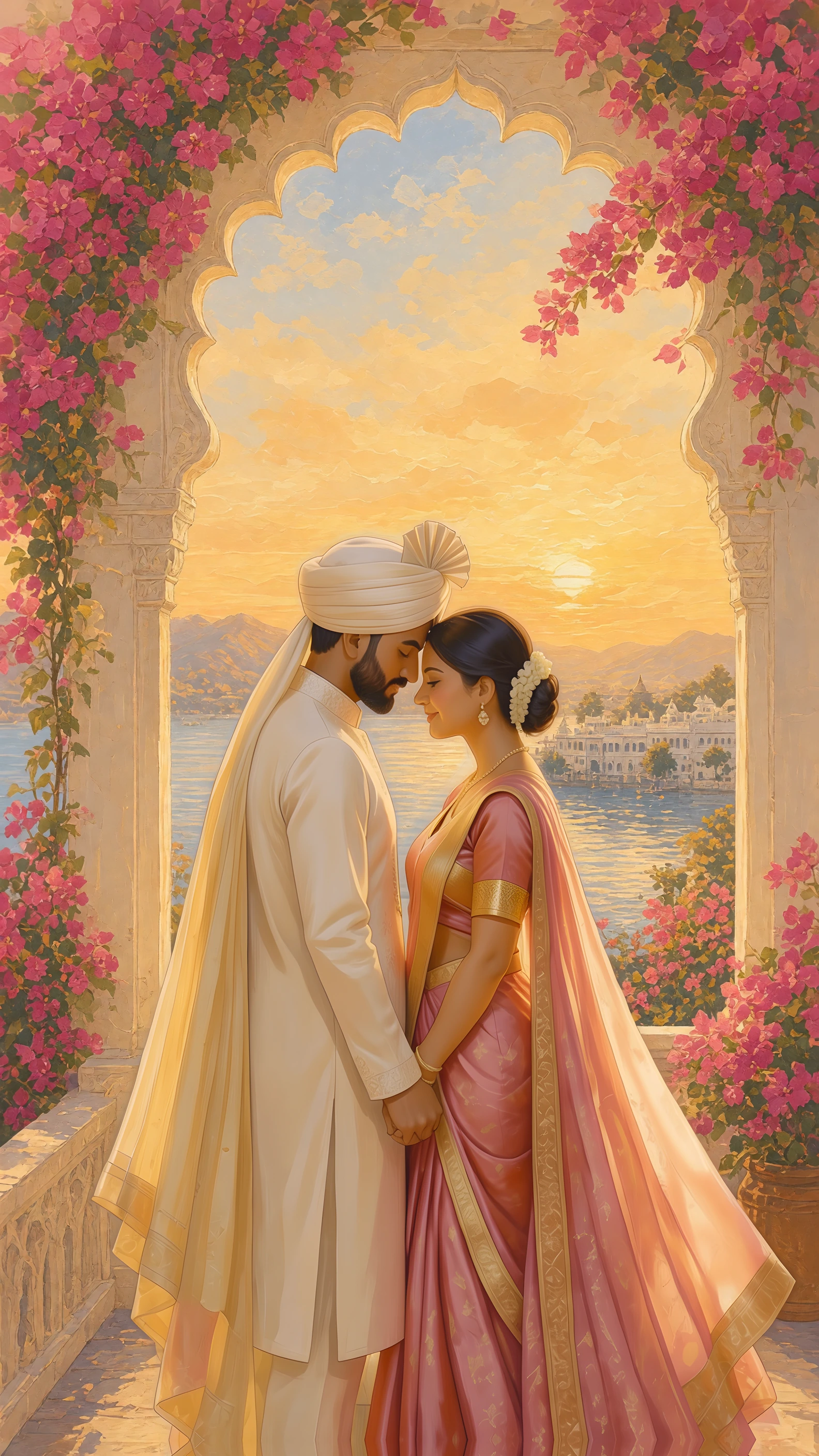 The couple under a carved arch at sunset